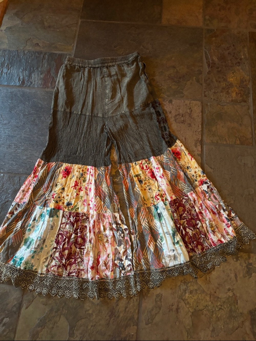 Boho Wide Leg Tiered Palazzo Pants in Olive with Floral Panels - Picture 5 of 5